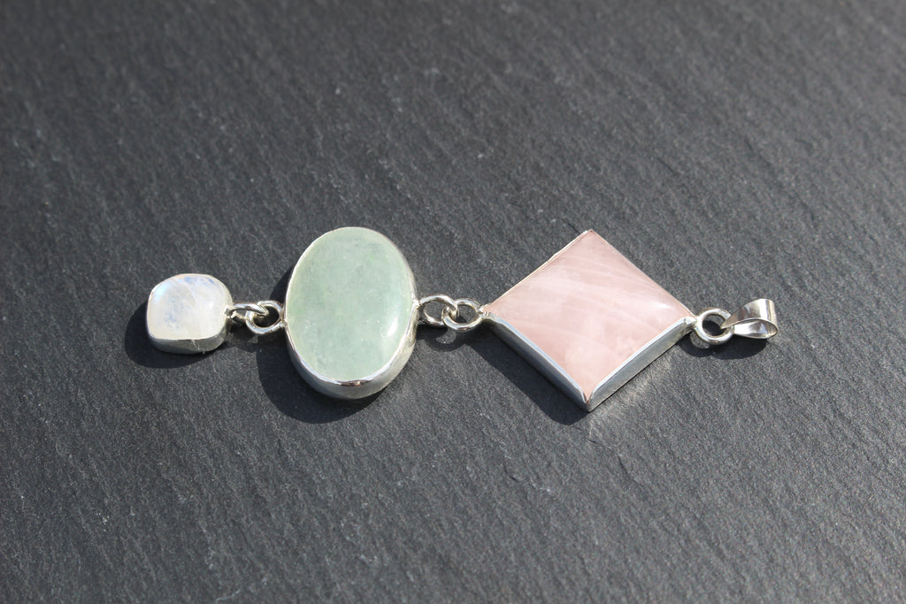 Rose Quartz, Green Aventurine &amp; Moonstone Statement Pendant