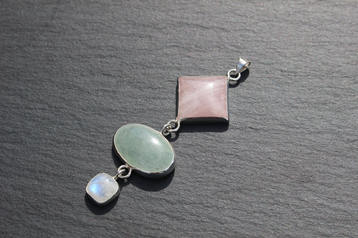 Rose Quartz, Green Aventurine &amp; Moonstone Statement Pendant