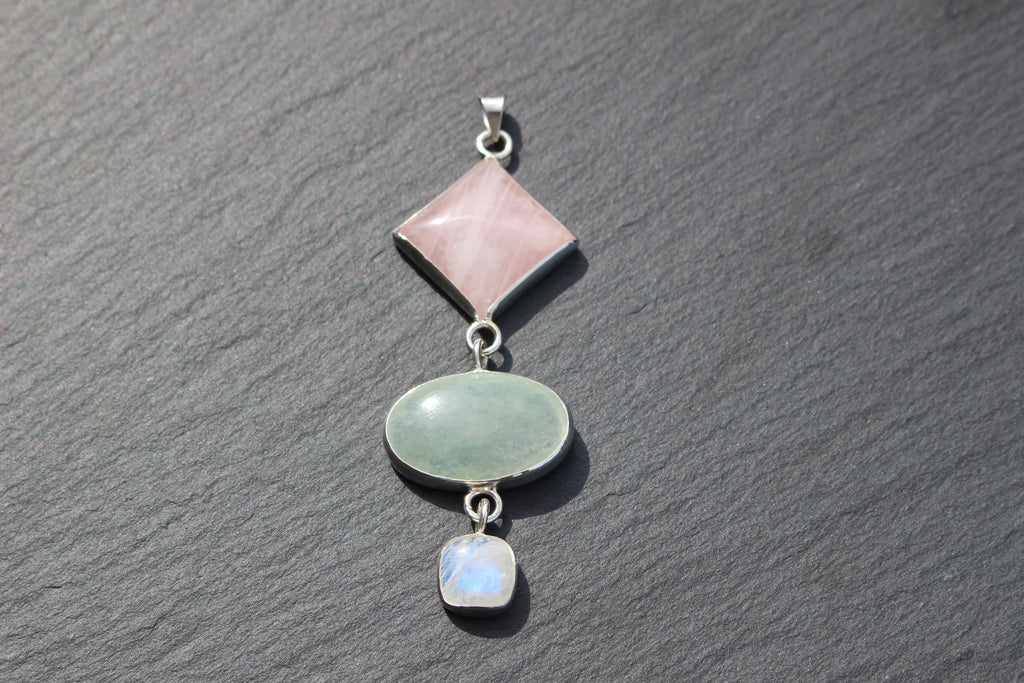 Rose Quartz, Green Aventurine &amp; Moonstone Statement Pendant