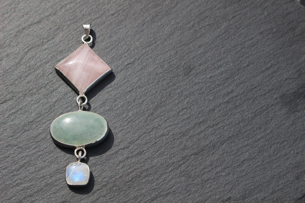 Rose Quartz, Green Aventurine &amp; Moonstone Statement Pendant
