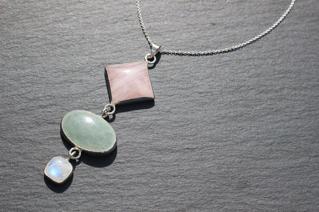 Rose Quartz, Green Aventurine &amp; Moonstone Statement Pendant