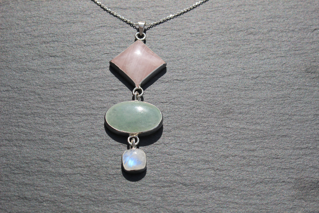 Rose Quartz, Green Aventurine &amp; Moonstone Statement Pendant