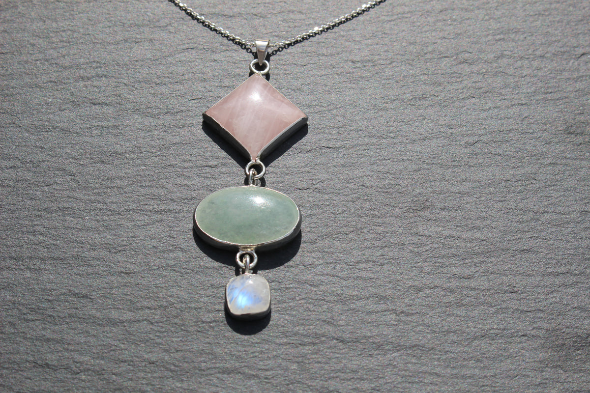 Rose Quartz, Green Aventurine &amp; Moonstone Statement Pendant