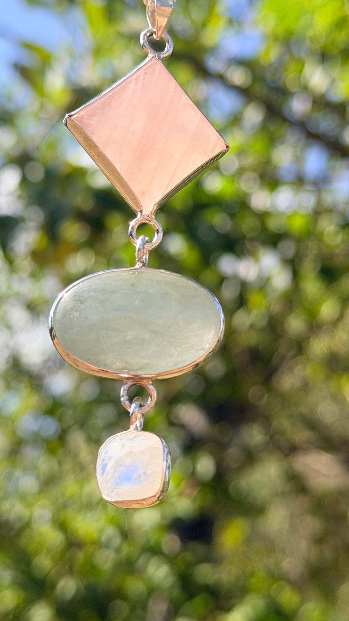 Rose Quartz, Green Aventurine &amp; Moonstone Statement Pendant