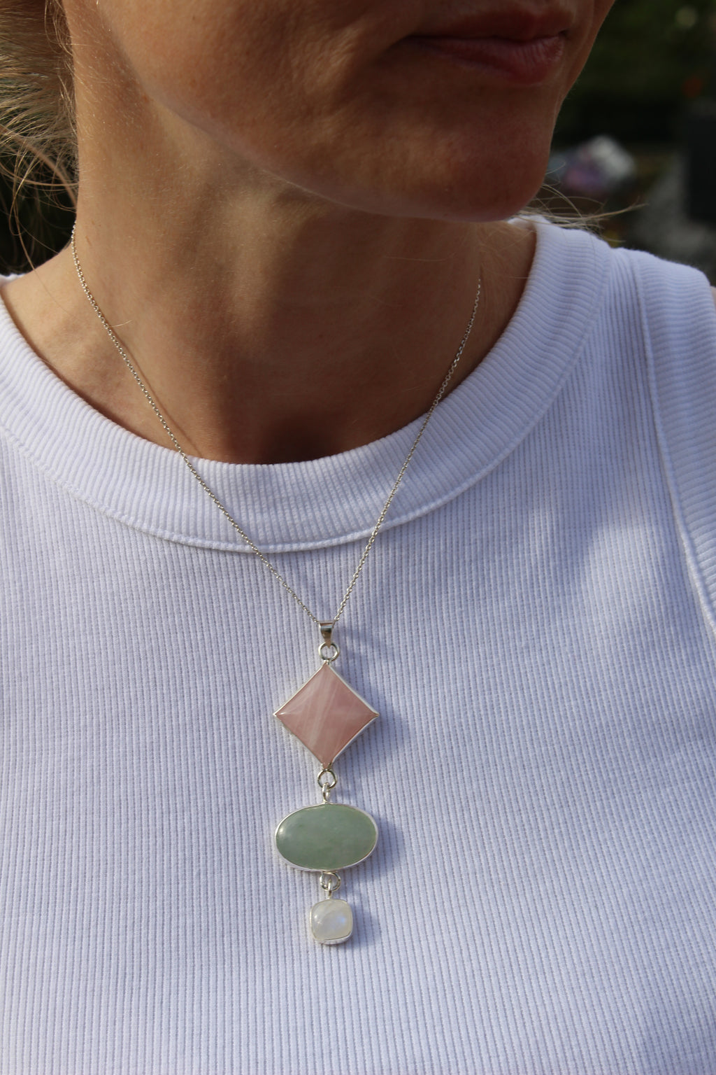 Rose Quartz, Green Aventurine &amp; Moonstone Statement Pendant