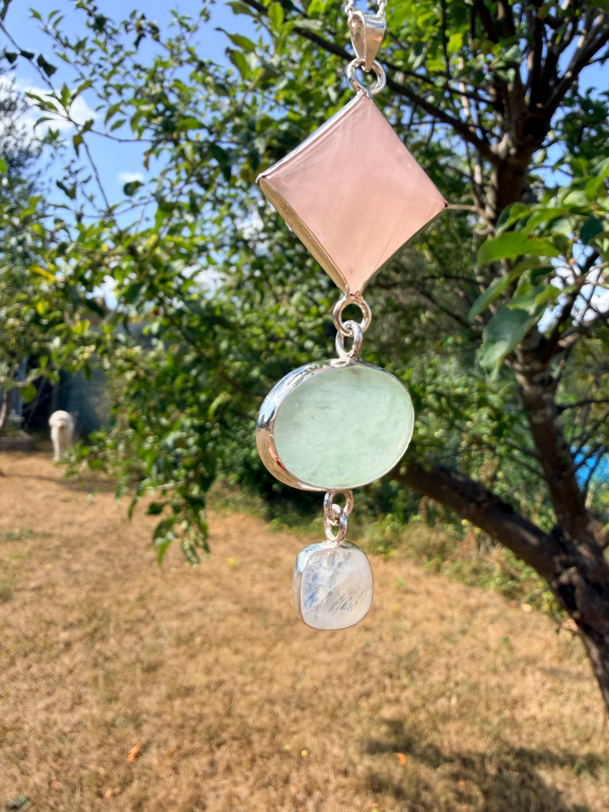 Rose Quartz, Green Aventurine &amp; Moonstone Statement Pendant