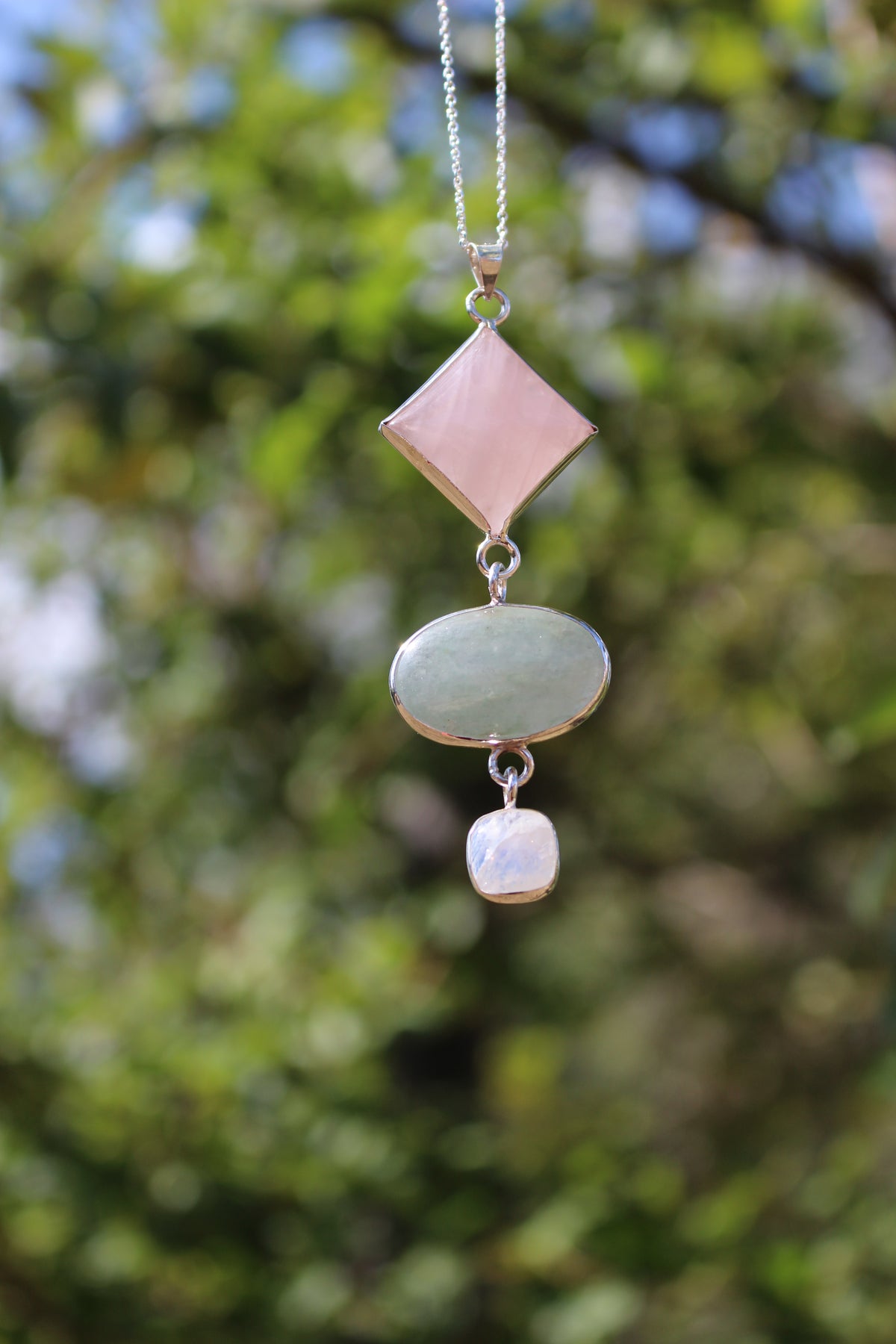 Rose Quartz, Green Aventurine &amp; Moonstone Statement Pendant