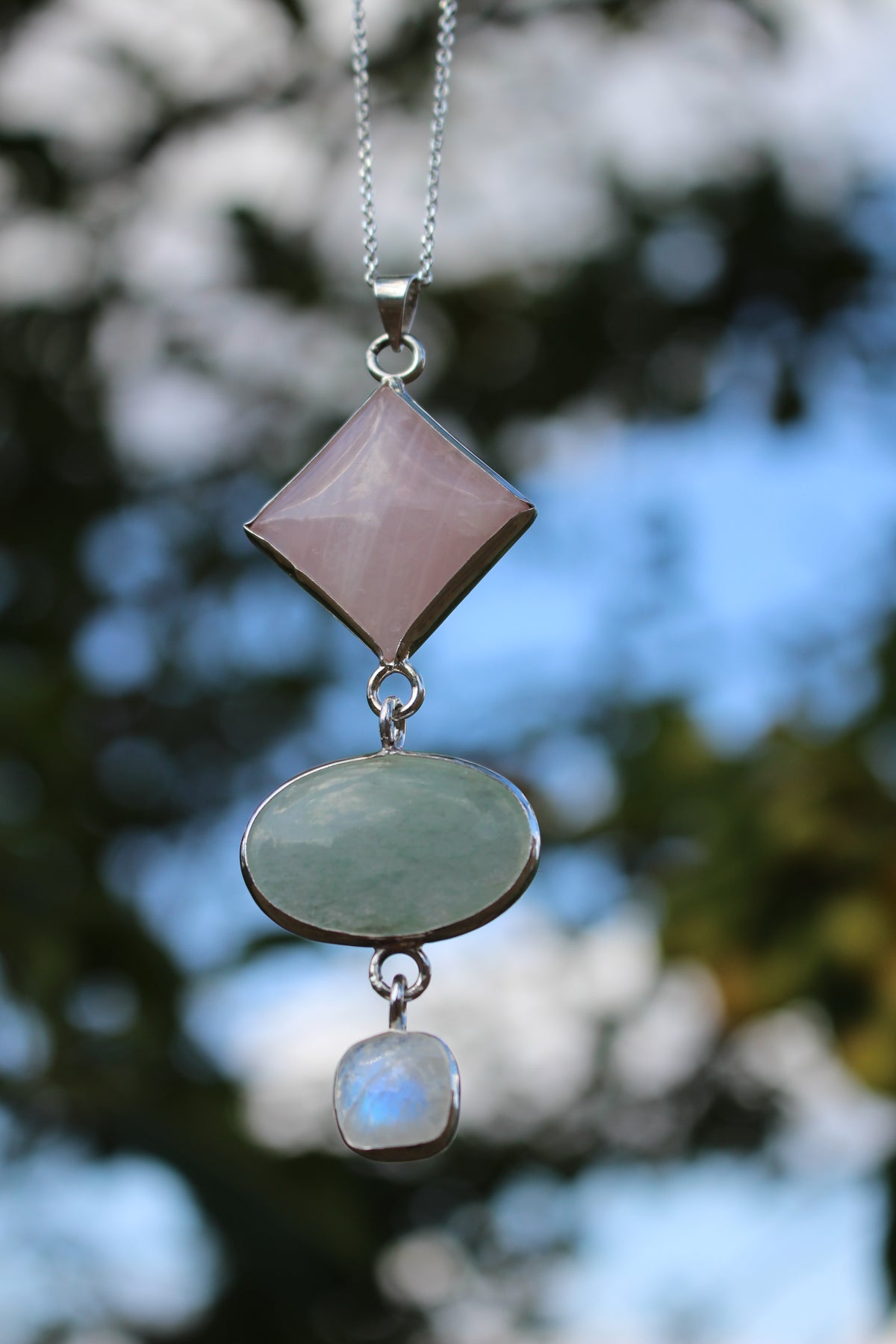 Rose Quartz, Green Aventurine &amp; Moonstone Statement Pendant