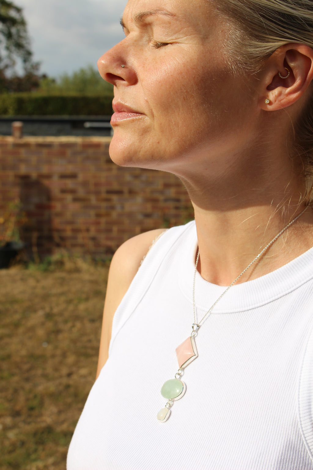 Rose Quartz, Green Aventurine &amp; Moonstone Statement Pendant