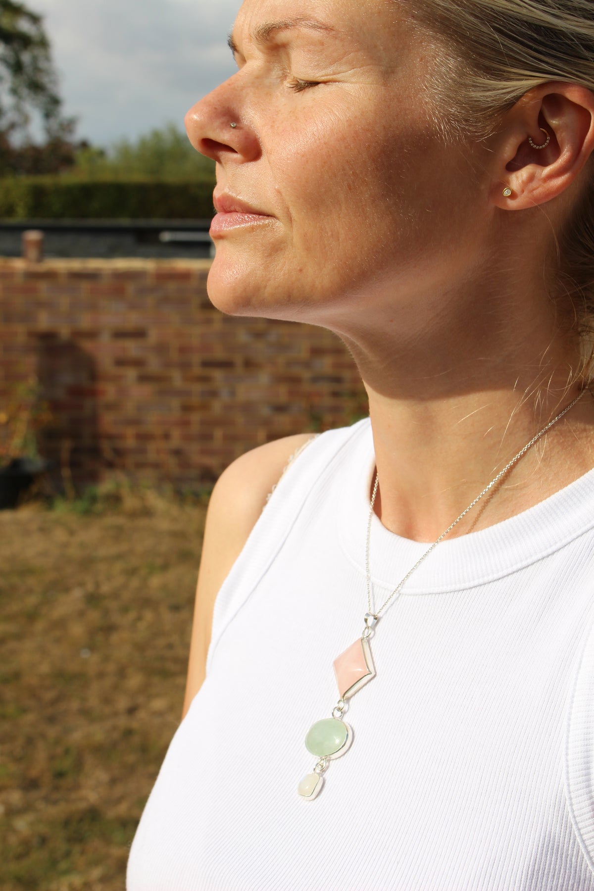 Rose Quartz, Green Aventurine &amp; Moonstone Statement Pendant