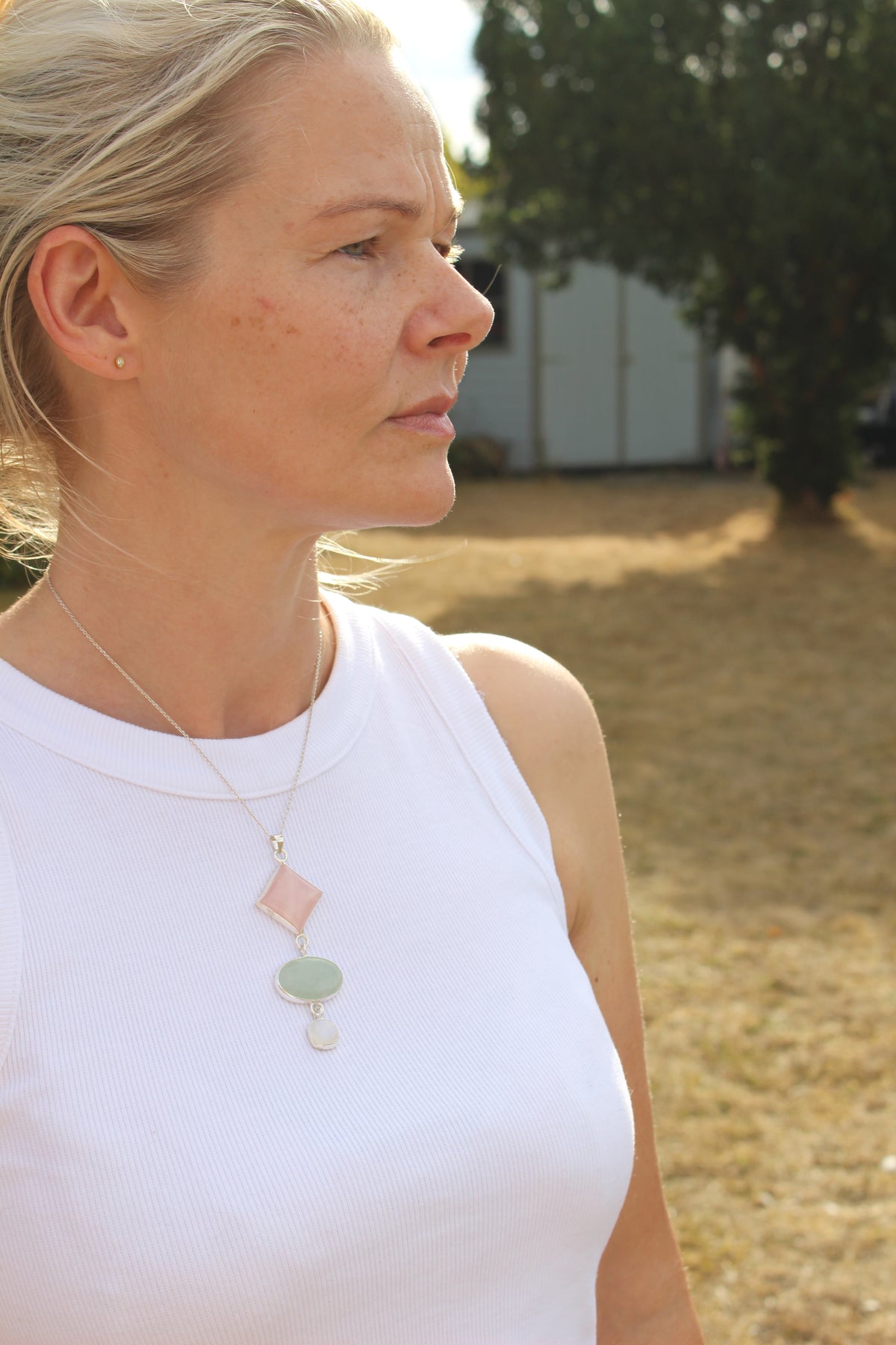 Rose Quartz, Green Aventurine &amp; Moonstone Statement Pendant