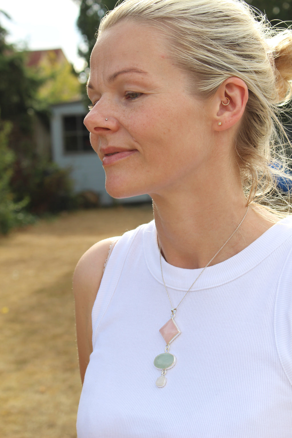 Rose Quartz, Green Aventurine &amp; Moonstone Statement Pendant