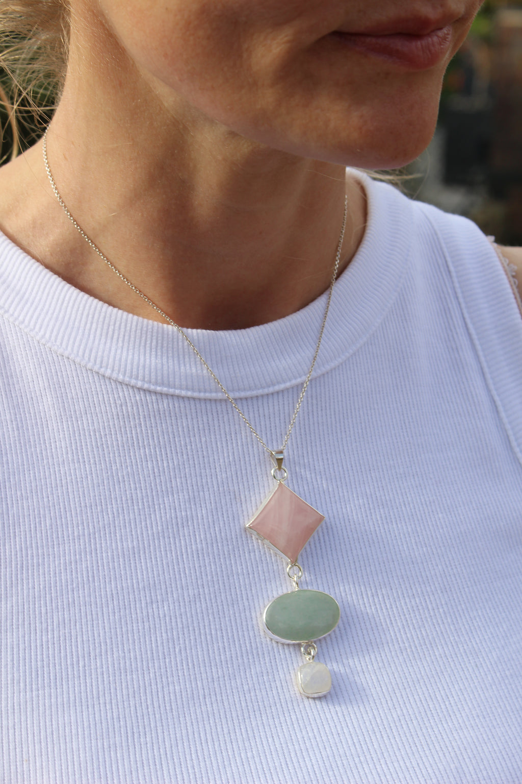 Rose Quartz, Green Aventurine &amp; Moonstone Statement Pendant